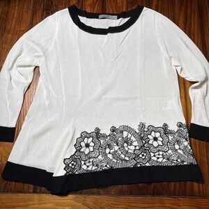 D. Exterior Black White Floral Knit 3/4 Sleeve Top Sz L Retail $450 A1836